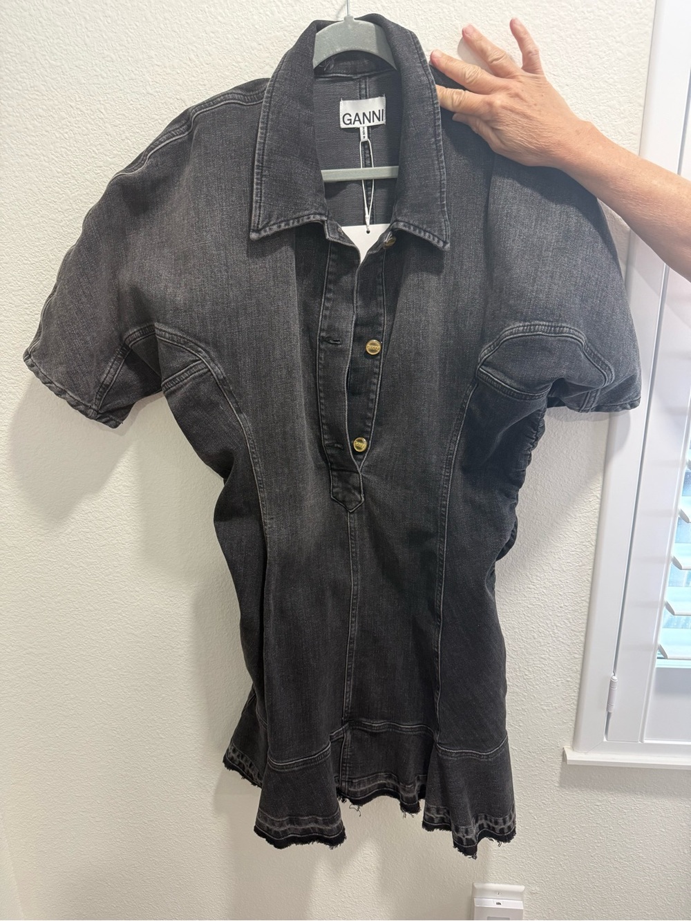 Ganni Black Washed Denim Polo Dress